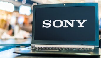 Laptop computer displaying logo of Sony