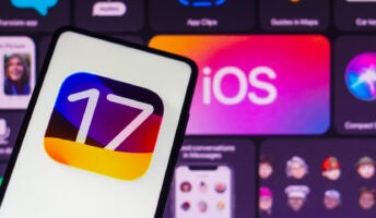 Logo of Apple operating system, iOS 17, seen displayed on a smartphone screen.