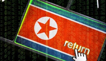 North Korean flag on murky keyboard background illustrating country's hackers using AI to target LinkedIn