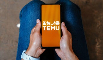 The Temu logo is displayed on a smartphone screen.