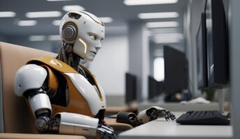 Robot worker sat at a desk