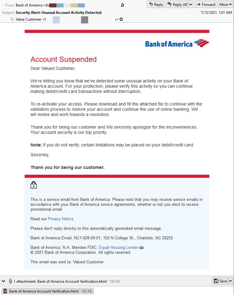 Bank of America phishing email