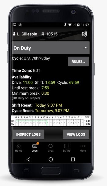 The BigRoad Dashlink ELD app displays duty status