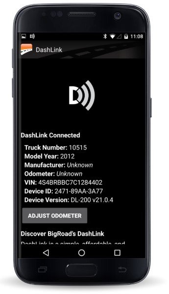 The BigRoad Dashlink ELD device app, paired with hardware