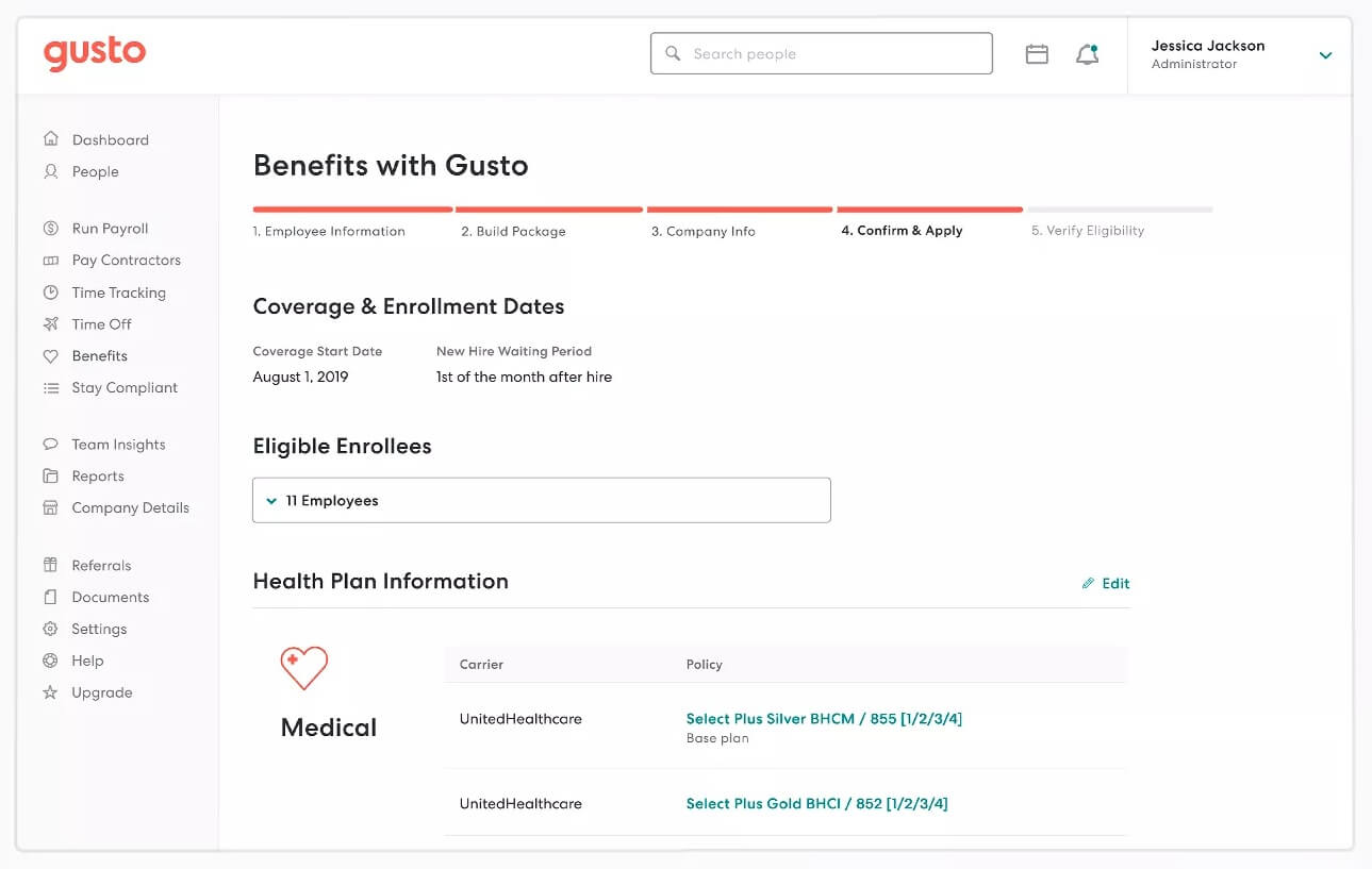 Gusto's payroll benefits packaging page.