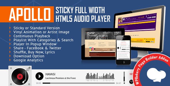 Apollo - Sticky Full Width HTML5 Audio Player for WPBakery Page Builder