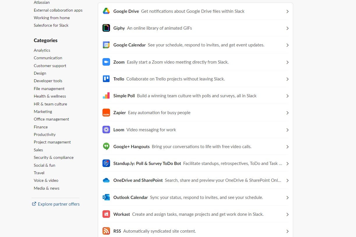 Slack's "essential apps" list. Image: Tech.co