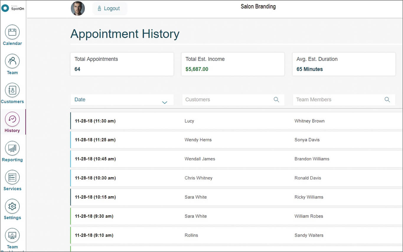 SpotOn POS: appointment history