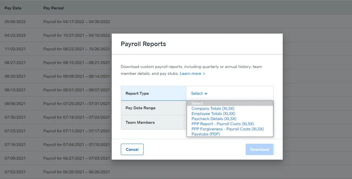 Square Payroll: Reports