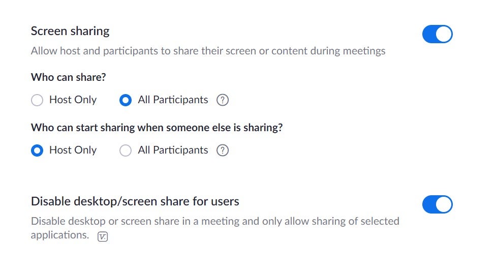 Zoom's settings for its screen sharing features