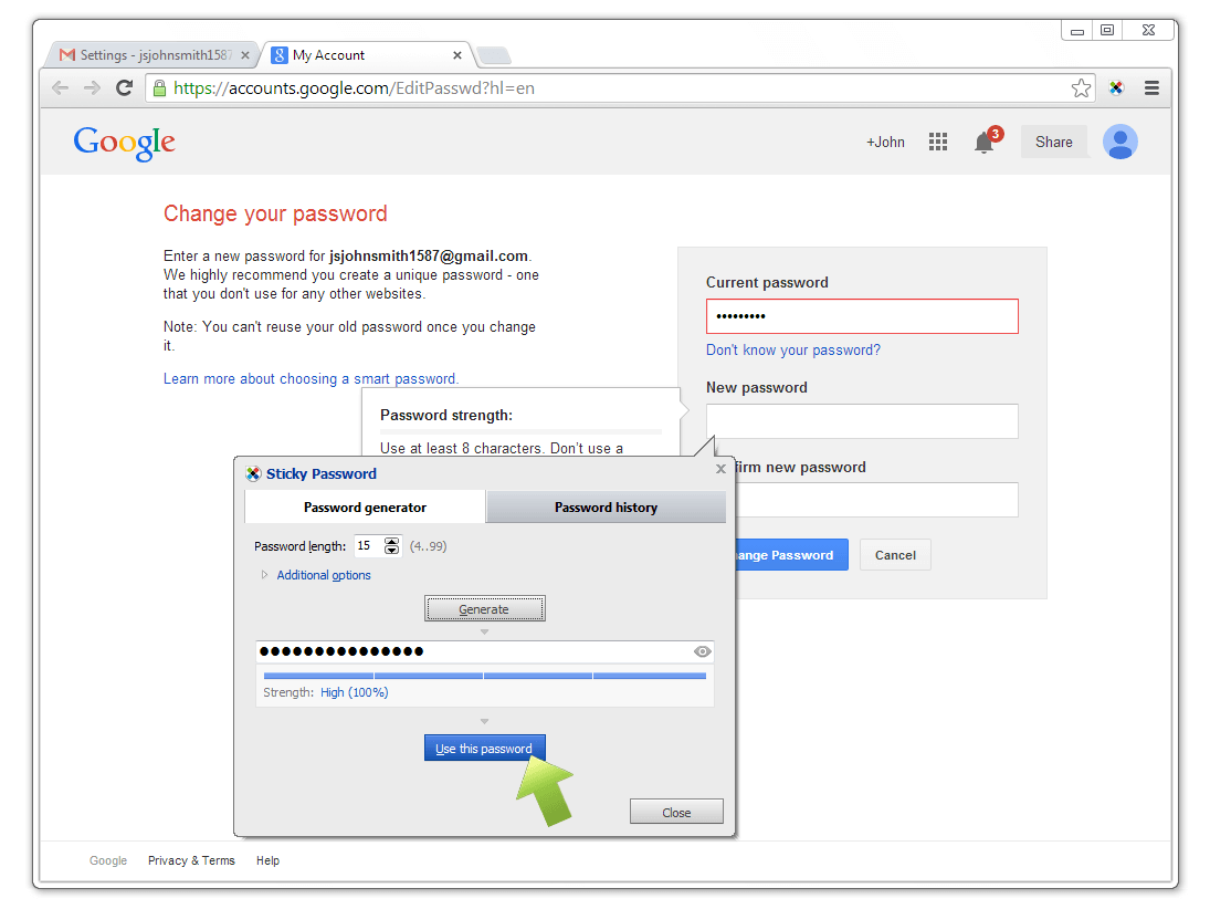 Changing gmail password with Sticky Password