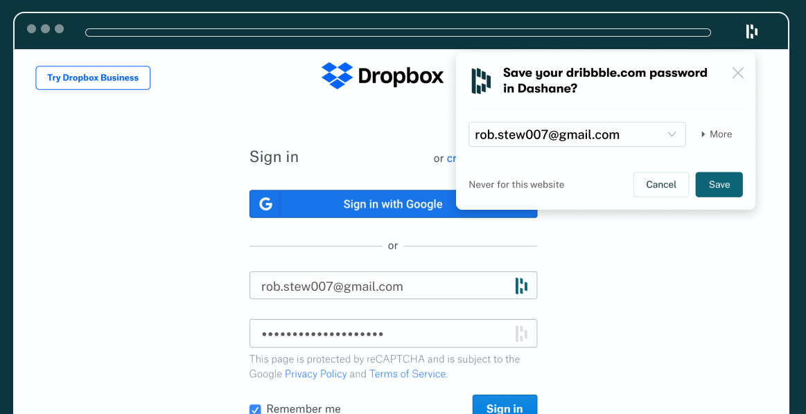 Dashlane's Save Password pop-up