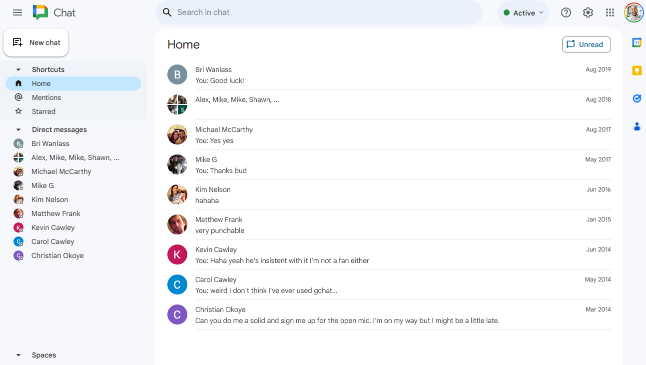 Google Chat's "home" menu, with direct message threads.