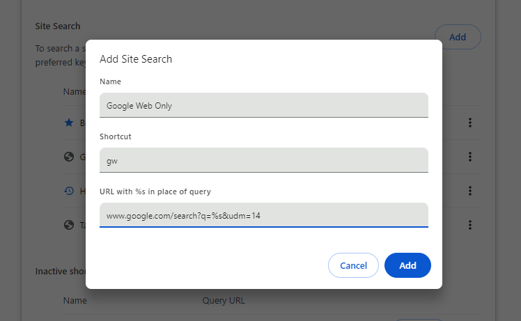 Fill in the relevant information to create new search default