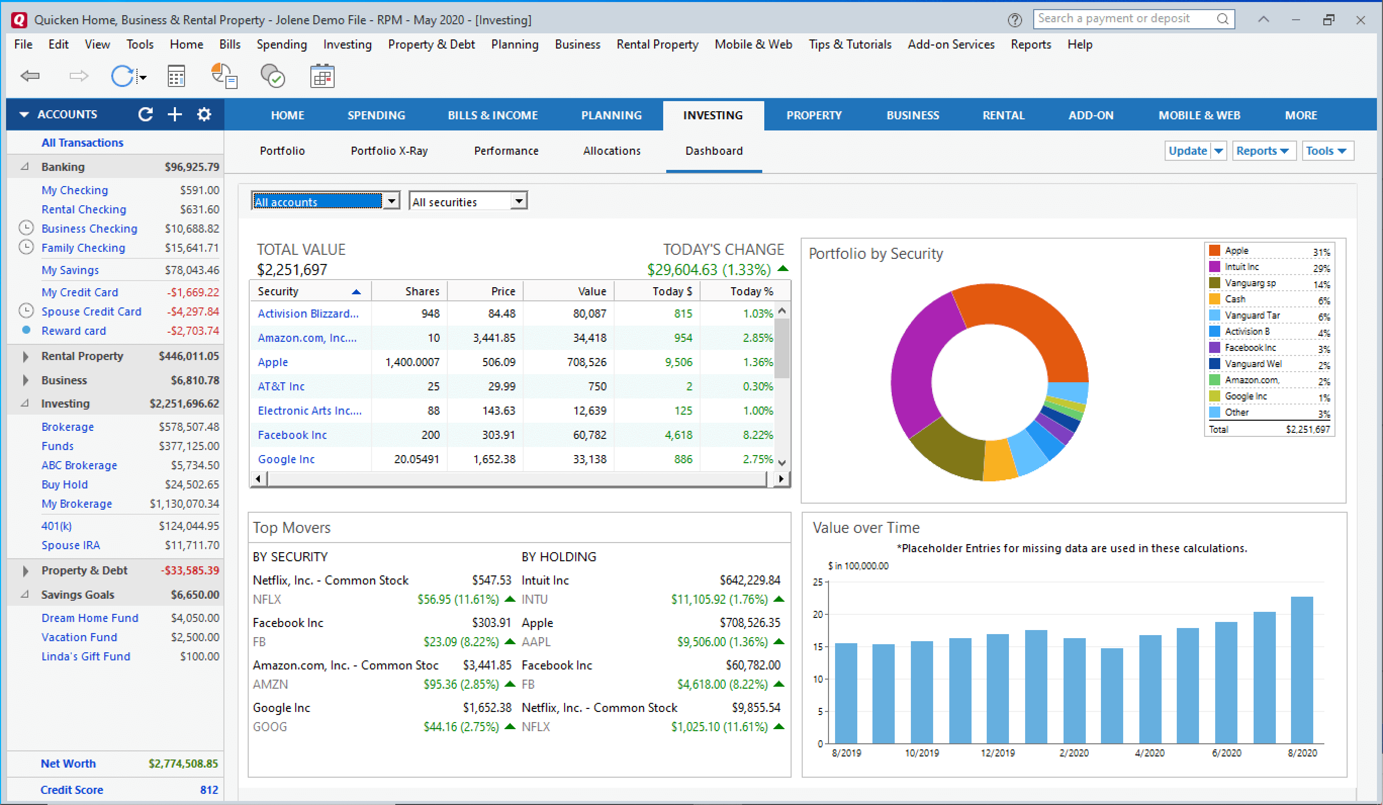 Quicken accounting: Investing dashboard