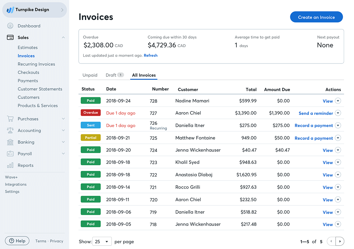 wave accounting invoices